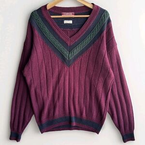 Vintage Cambridge Bay Men’s XL Wine Cricket V-Neck Ribbed Knit Tennis Sweater